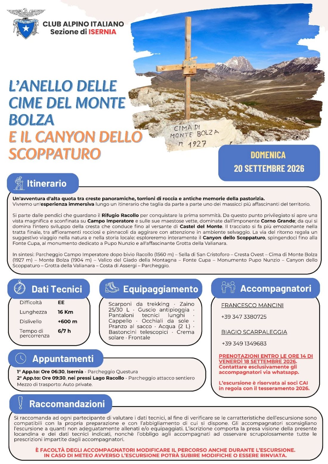 NEWS N.159 Direzione di Escursione per il CAI di Isernia con l'anello delle cime del Monte Bolza e il Canyon dello Scoppaturo